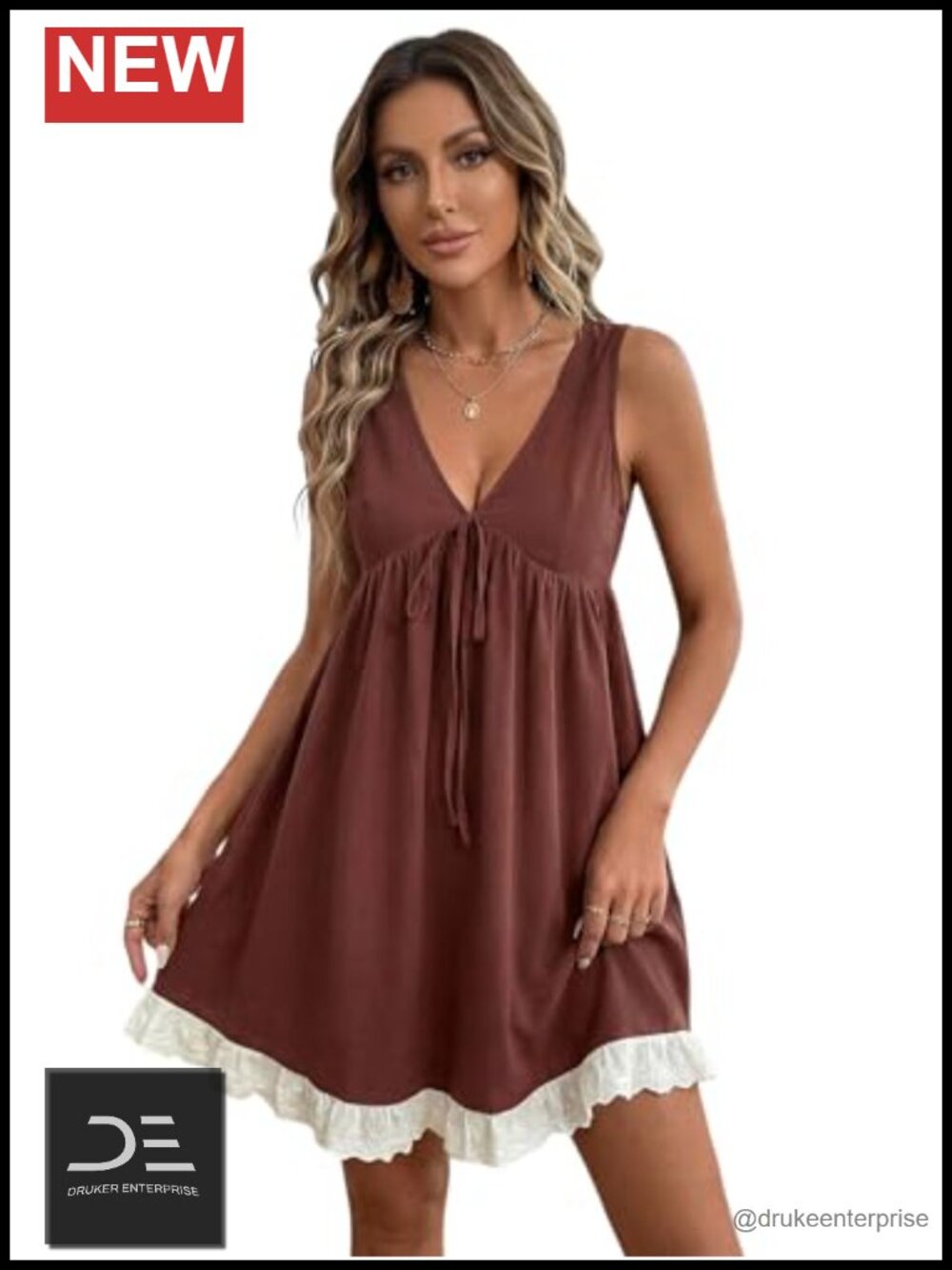 Women's Tie Front Ruffle Babydoll Deep V Neck A Line Flowy Dress